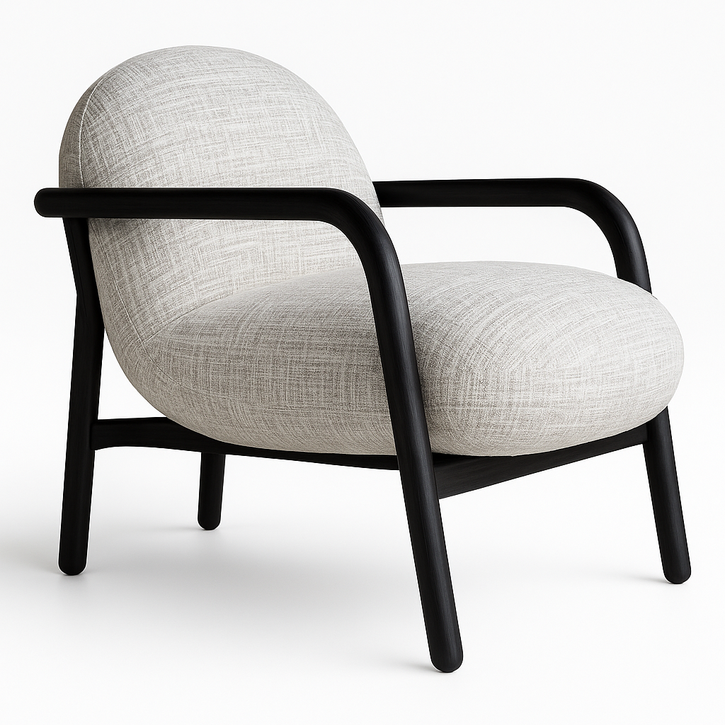 Modern armchair with black frame and light gray cushion on a white background