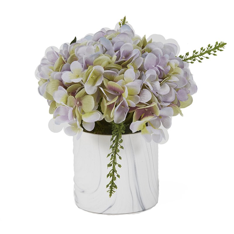 LAVENDER HYDRANGEA IN MARBLED CERAMIC CYLINDER