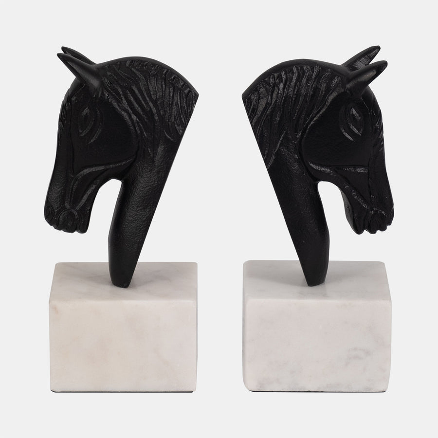 METAL , HORSE HEAD BOOKENDS, WHITE/BLACK - SET OF TWO