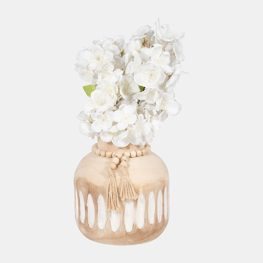 WOOD, 8" ROUND RIDGED VASE W/ TASSELS, NATURAL
