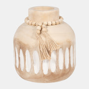 WOOD, 8" ROUND RIDGED VASE W/ TASSELS, NATURAL