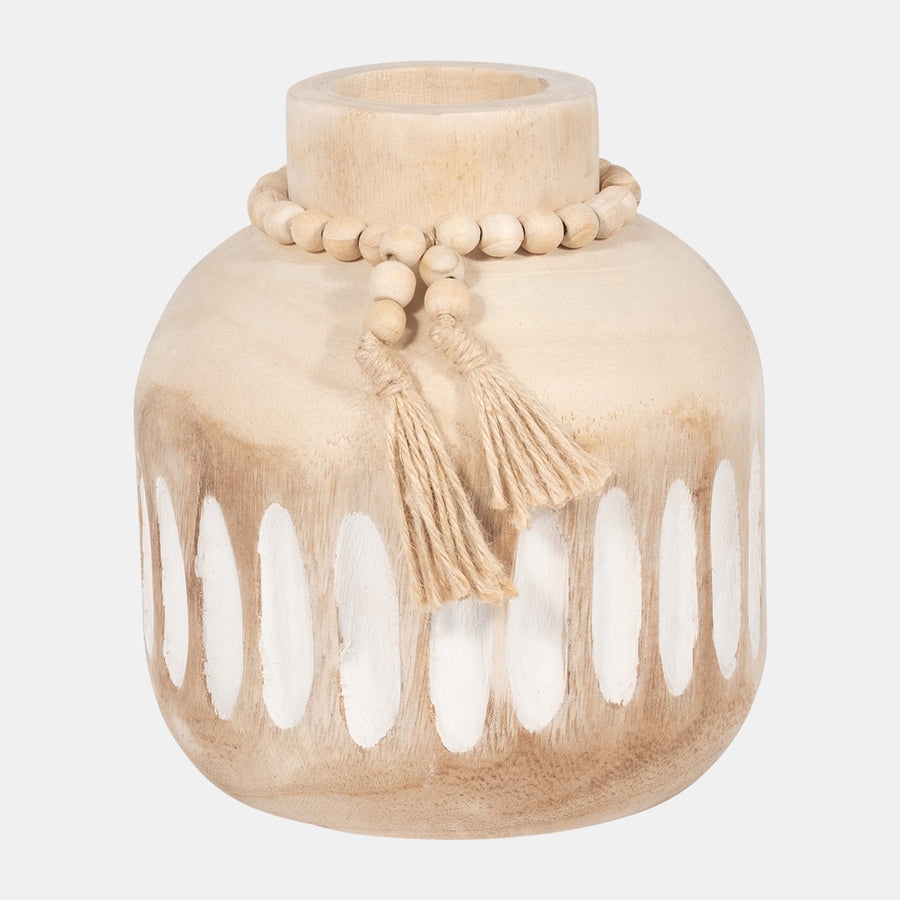 WOOD, 8" ROUND RIDGED VASE W/ TASSELS, NATURAL