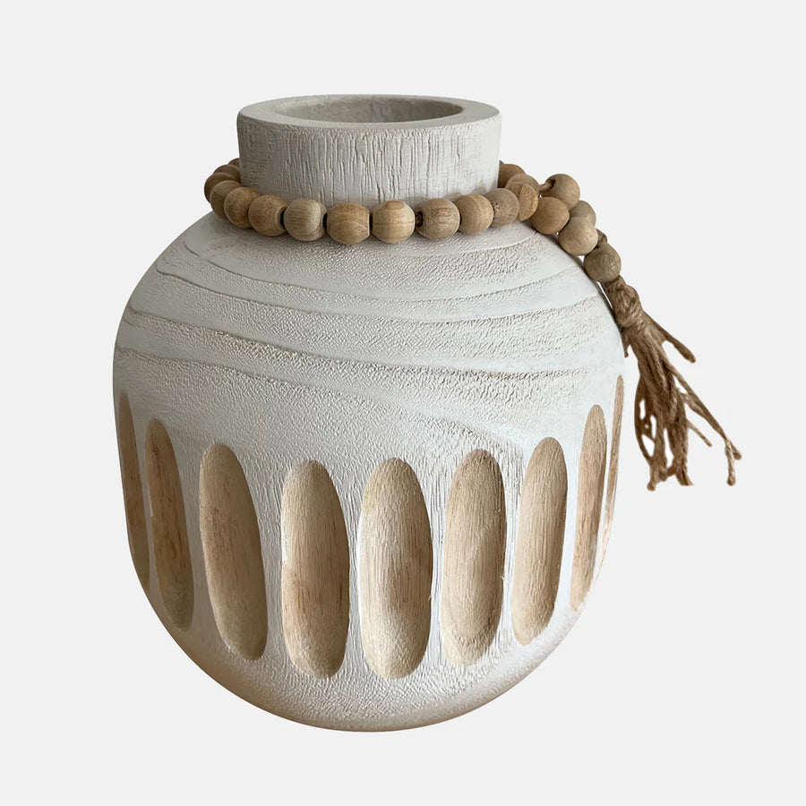 WOOD, 8" ROUND RIDGED VASE W/ TASSELS, WHITE