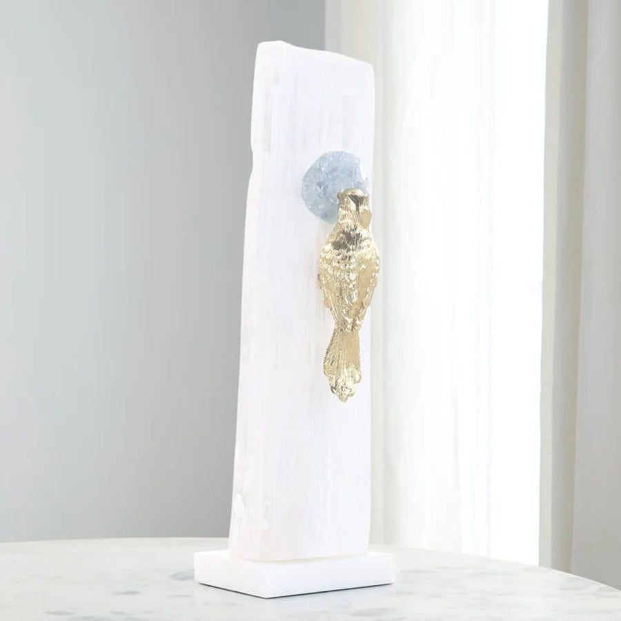 BRASS BIRD SCULPTURE ON SELENITE ROOST I