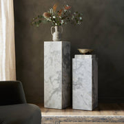 MODERN MARBLE SMALL PEDESTAL - WHITE & GREY SPECKLED MARBLE