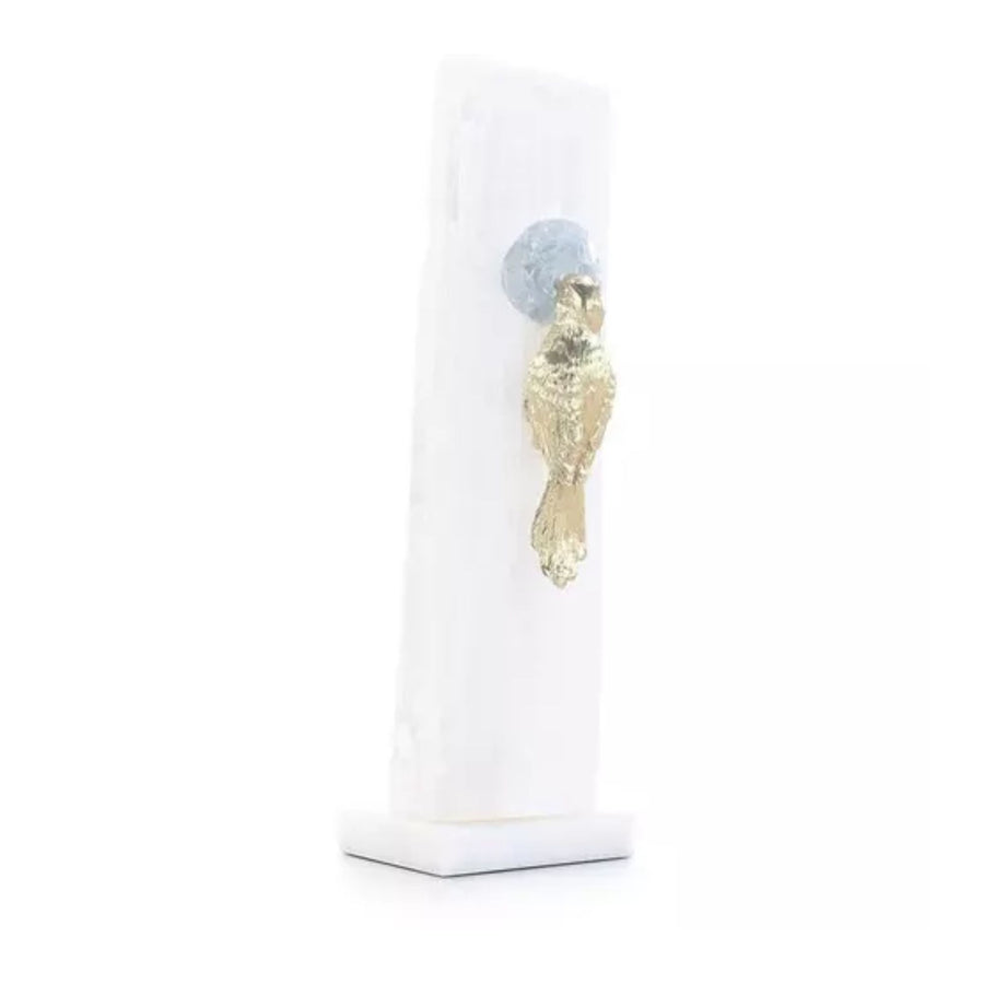 BRASS BIRD SCULPTURE ON SELENITE ROOST I