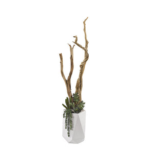 GHOSTWOOD WITH SUCCULENTS AND GREENERY IN WHITE RESIN PLANTER
