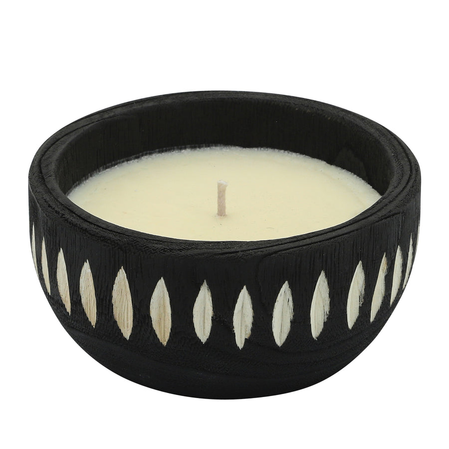 WOOD 6" AZTEC BOWL CANDLE, BLACK 90OZ