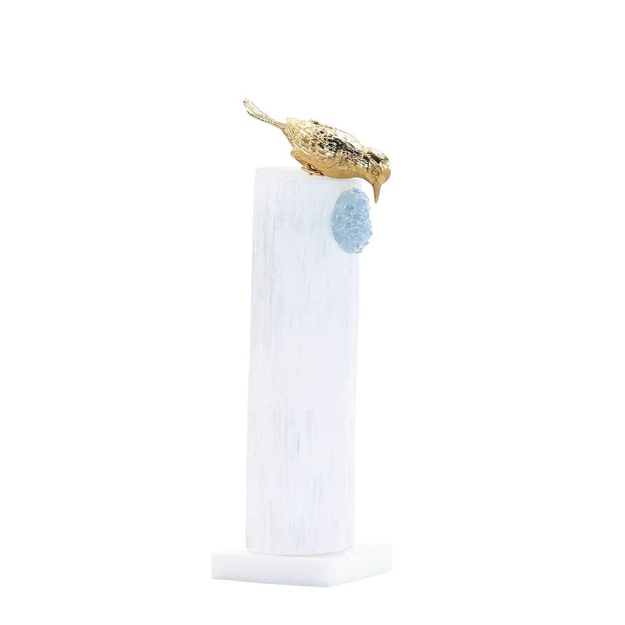 BRASS BIRD SCULPTURE ON SELENITE ROOST II