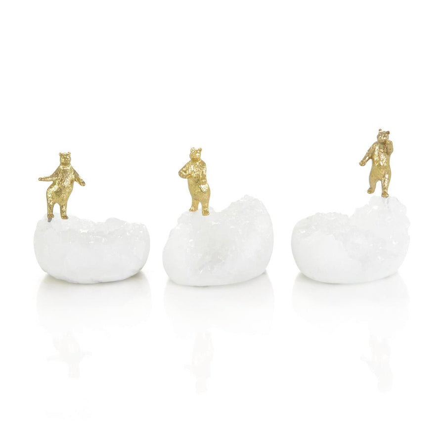 SET OF THREE BRASS BEARS ON QUARTZ SCULPTURES