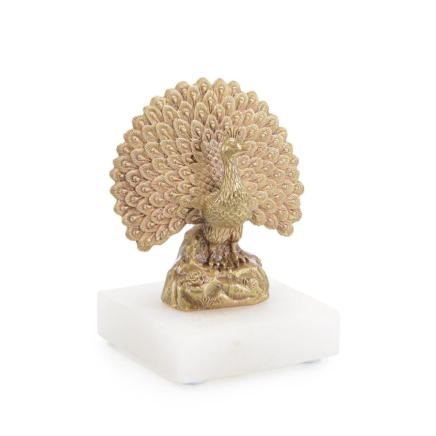 BRASS PEACOCK SCULPTURE ON ALABASTER