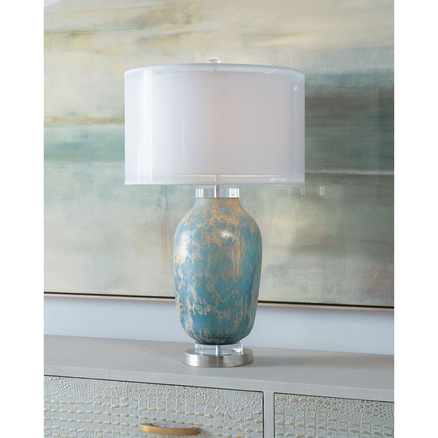 ROBIN'S EGG BLUE SPECKLED GLASS TABLE LAMP