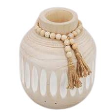 WOOD, 8" ROUND RIDGED VASE W/ TASSELS, NATURAL