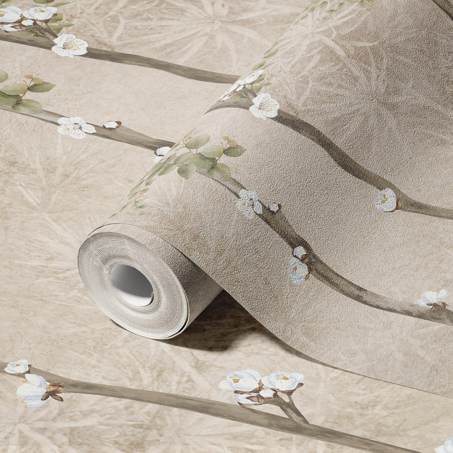 BLOOM FLOWERS WALL MURAL, BEIGE FLORAL BLOSSOM WALLPAPER