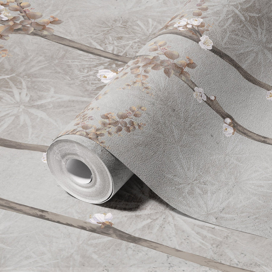 BLOOM FLOWERS WALL MURAL, LIGHT GRAY FLORAL BLOSSOM WALLPAPER