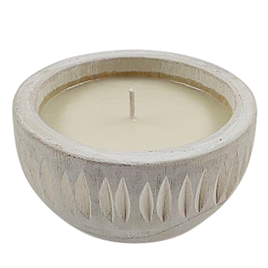 WOOD 6" AZTEC BOWL CANDLE, WHITE 9OZ