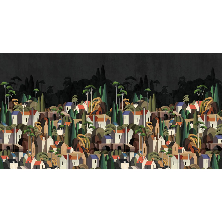 LANDSCAPE WALL MURAL HOUSES CITYSCAPE STYLISH WALLPAPER - BLACK