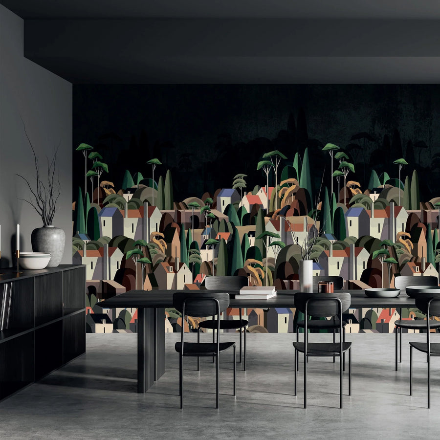 LANDSCAPE WALL MURAL HOUSES CITYSCAPE STYLISH WALLPAPER - BLACK