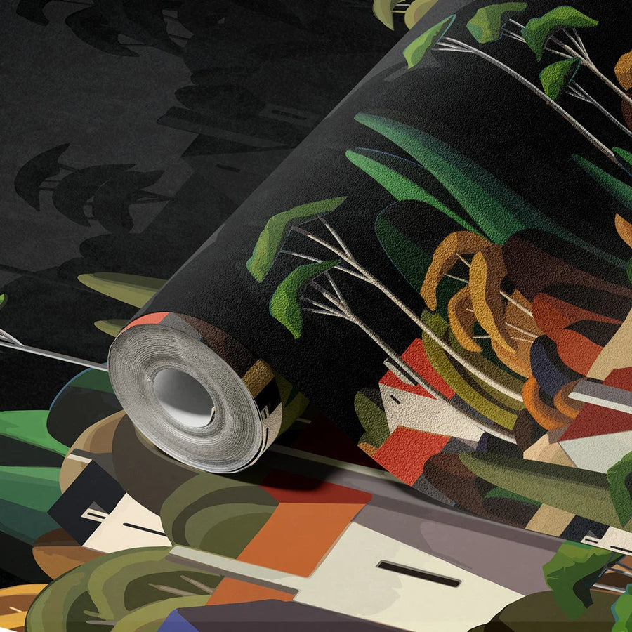 LANDSCAPE WALL MURAL HOUSES CITYSCAPE STYLISH WALLPAPER - BLACK