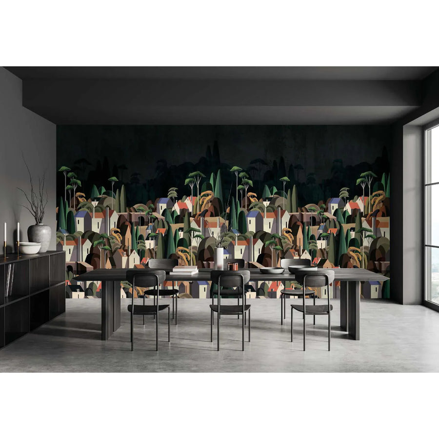 LANDSCAPE WALL MURAL HOUSES CITYSCAPE STYLISH WALLPAPER - BLACK