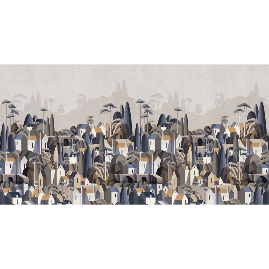 LANDSCAPE WALL MURAL HOUSES CITYSCAPE STYLISH WALLPAPER - BLUE