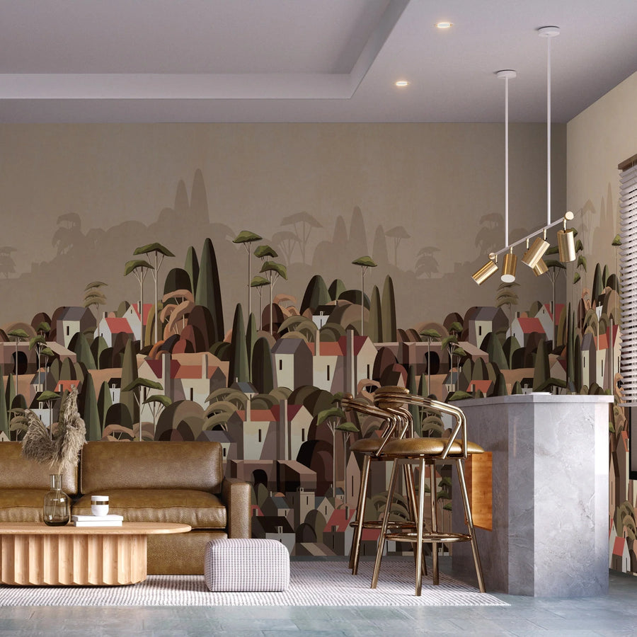 LANDSCAPE WALL MURAL HOUSES CITYSCAPE STYLISH WALLPAPER - LIGHT BEIGE