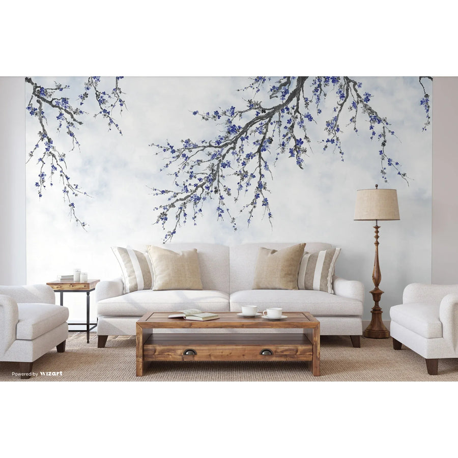 LARGE BLOSSOM TREE WALLPAPER, BLUE CHINOISERIE NATURE FLOWERS WALL MURAL