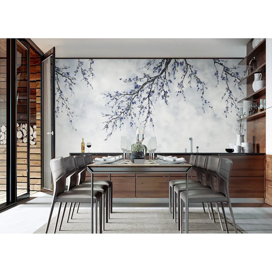 LARGE BLOSSOM TREE WALLPAPER, BLUE CHINOISERIE NATURE FLOWERS WALL MURAL