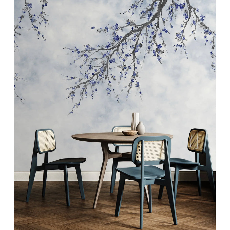 LARGE BLOSSOM TREE WALLPAPER, BLUE CHINOISERIE NATURE FLOWERS WALL MURAL