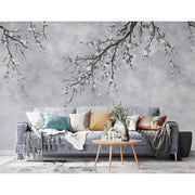 LARGE BLOSSOM TREE WALLPAPER, GRAY CHINOISERIE NATURE FLOWERS WALL MURAL