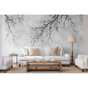 LARGE BLOSSOM TREE WALLPAPER, GRAY CHINOISERIE NATURE FLOWERS WALL MURAL