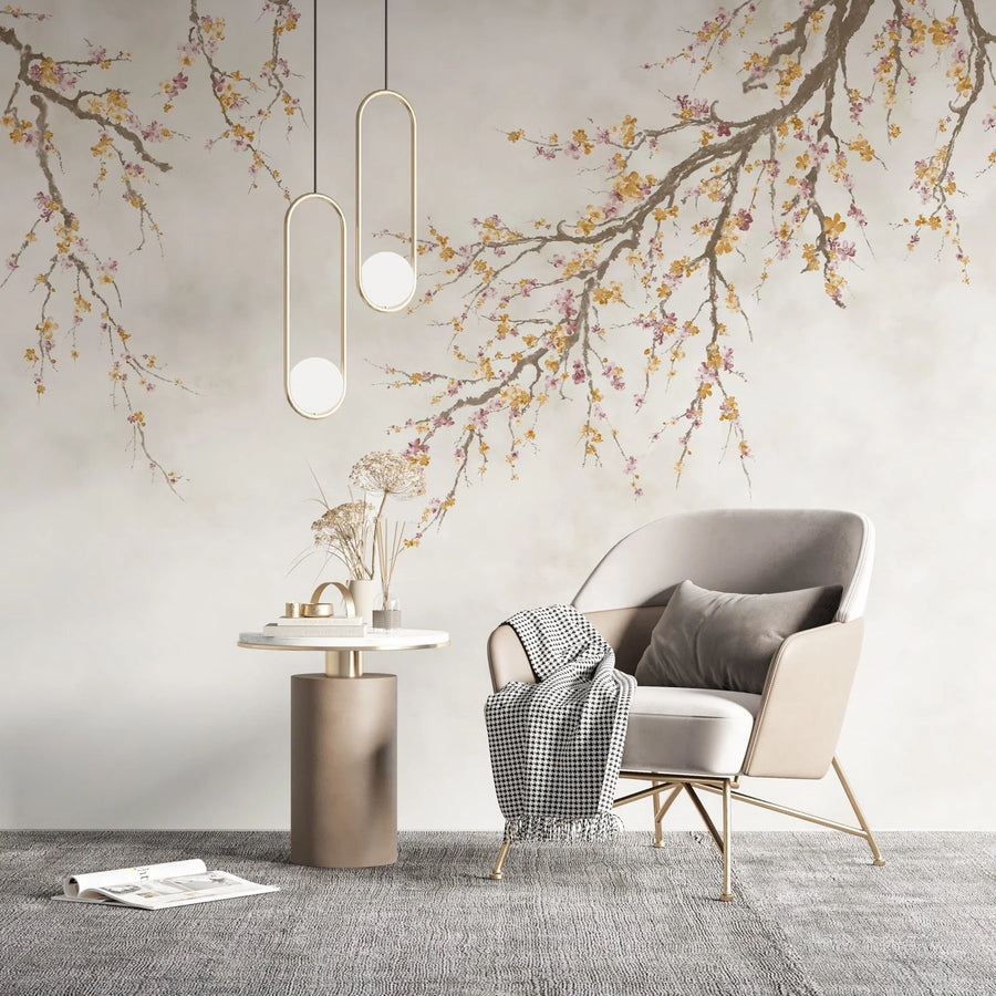LARGE BLOSSOM TREE WALLPAPER, YELLOW CHINOISERIE NATURE FLOWERS WALL MURAL