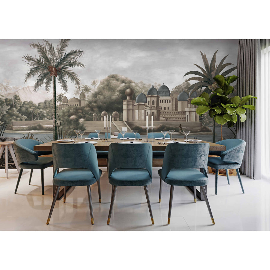 LARGE TROPICAL INDIAN THEME WALL MURAL, INDIA EARLY MORNING WALLPAPER - BLUE