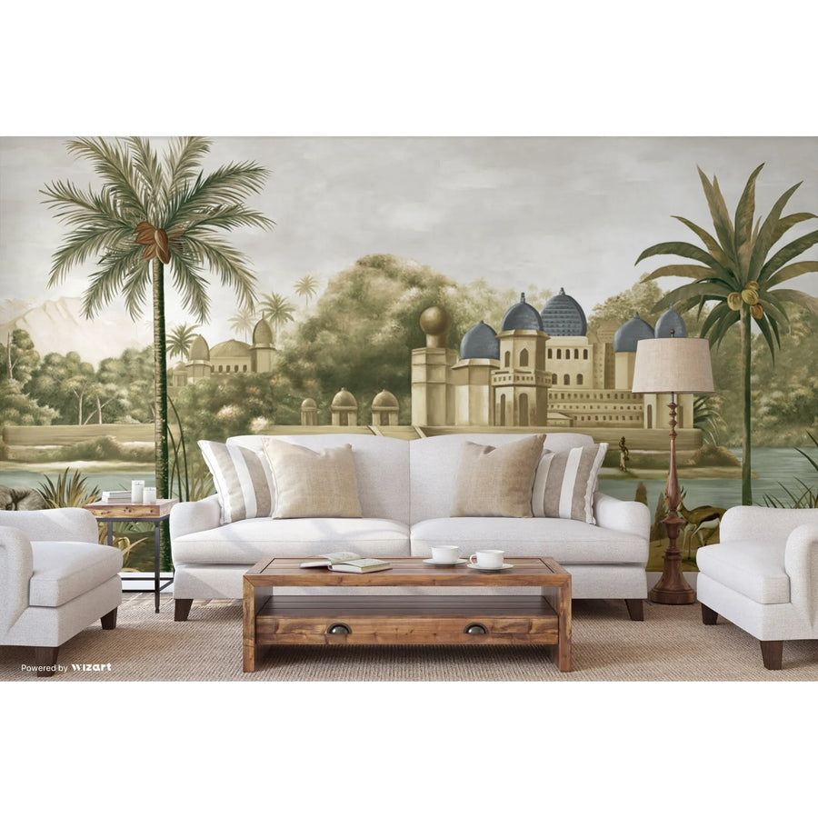 LARGE TROPICAL INDIAN THEME WALL MURAL, INDIA EARLY MORNING WALLPAPER - BLUE