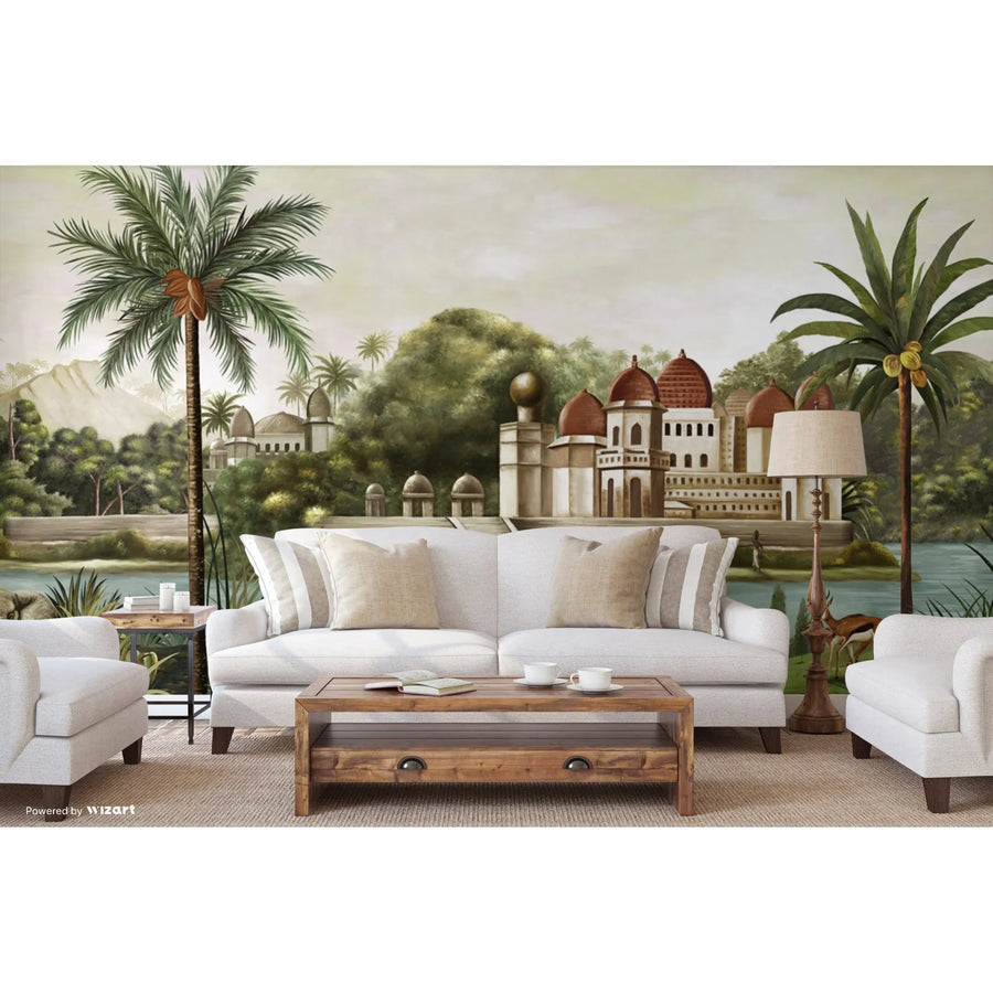 LARGE TROPICAL INDIAN THEME WALL MURAL, INDIA EARLY MORNING WALLPAPER