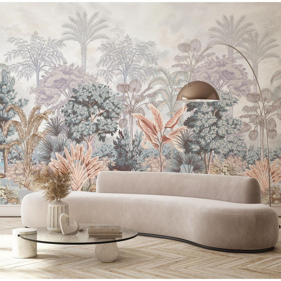 NATURE TROPICAL WALLPAPER, GREEN FOREST WALL MURAL, CUSTOM SIZE TREES WALL ART