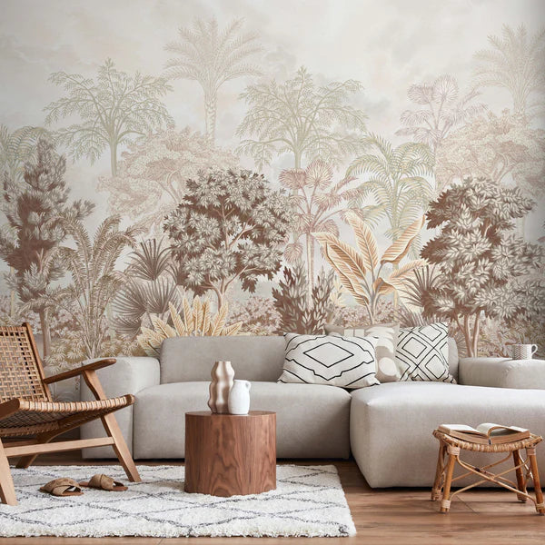 NATURE TROPICAL WALLPAPER, YELLOW FOREST WALL MURAL, CUSTOM SIZE TREES WALL ART