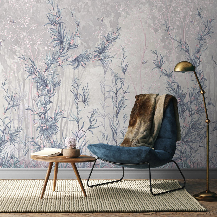 TREE WALL MURAL, BLUE FLOWERS BLOSSOM WALLPAPER