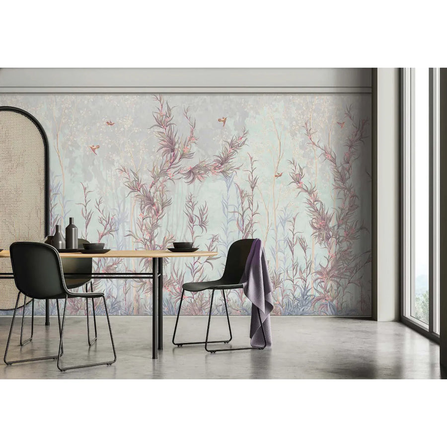 TREE WALL MURAL, LIGHT GREY FLOWERS BLOSSOM WALLPAPER
