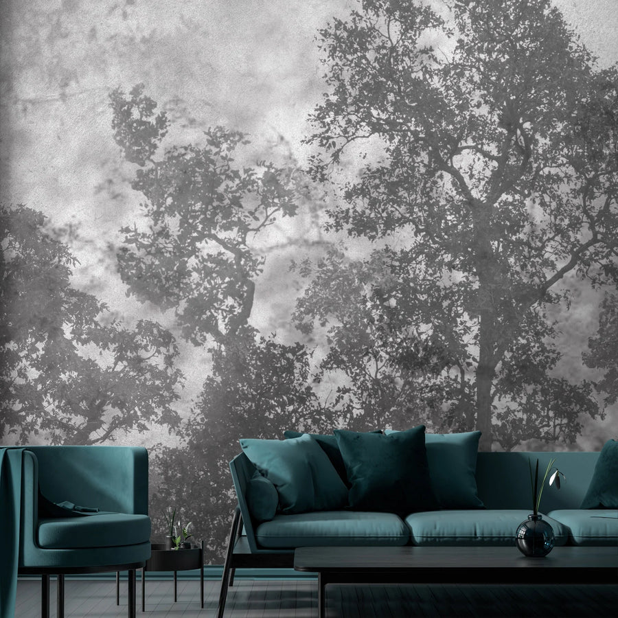 VINTAGE TREES SCENIC WALL MURAL, GRAY NATURE