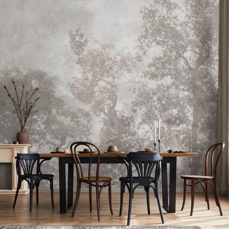 VINTAGE TREES SCENIC WALL MURAL, LIGHT GRAY NATURE