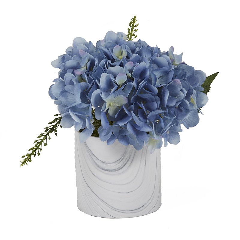 BLUE HYDRANGEA IN MARBLED  CERAMIC CYLINDER